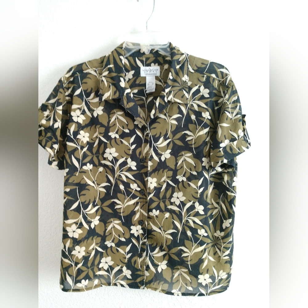 Cute Villager Sport Petite Floral Print Short Sleeve Shirt Green Size XL Petite